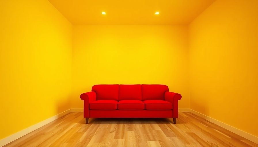 Vivid red sofa in yellow room illustrating how to make small rooms feel bigger.