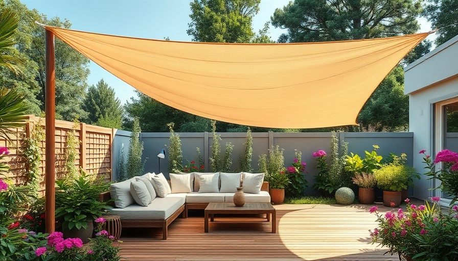 Garden sails for windy areas provide shade over outdoor seating.