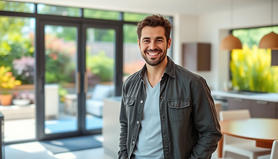 Man standing in modern kitchen-living area with garden view.