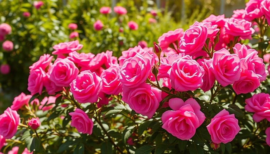 August pruning tips: Vibrant pink roses in sunlight