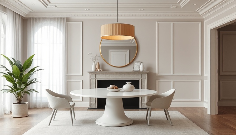 Elegant dining room with neutral decor and colour capping, featuring a mirror and round table.