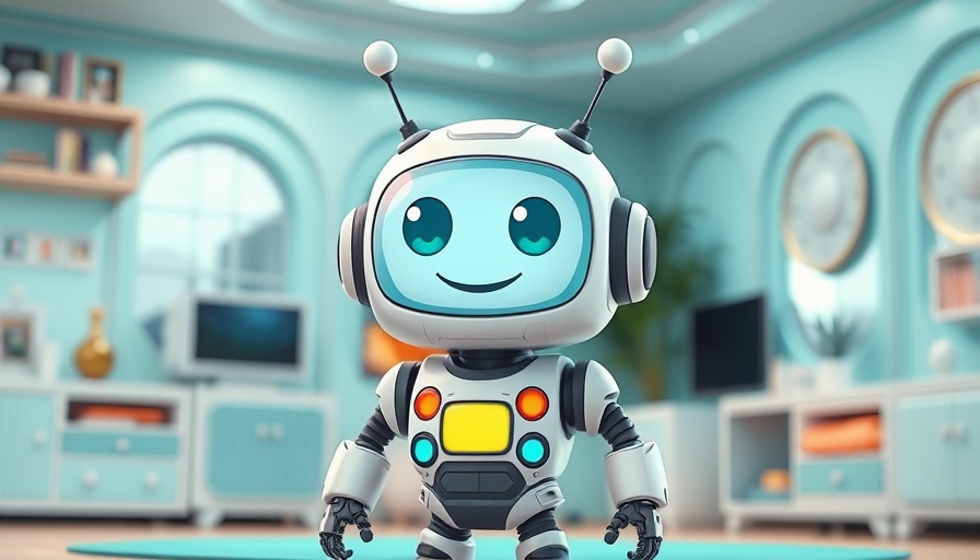 Adorable cartoon robot in futuristic home for Amazon Astro Smart Home Security.