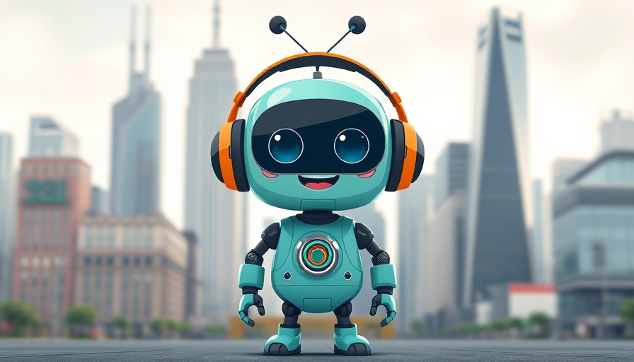 Teal cartoon robot with headphones in sci-fi cityscape illustration.