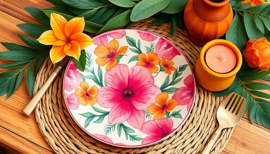 Tropical Pink and Orange Home Decor with floral plate and candle.