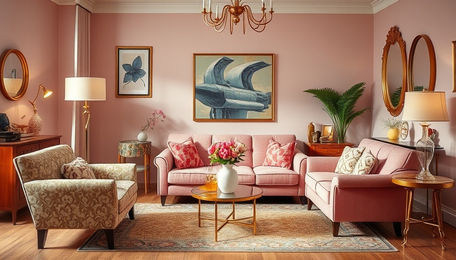 Vintage 70s inspired living room with eclectic decor and pink walls.