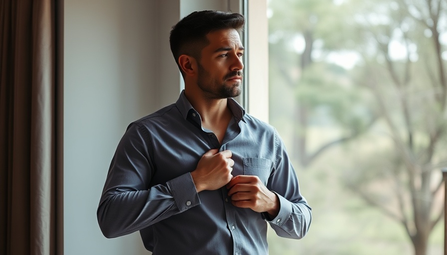 Man indoors adjusting shirt, soft light, Kitchen vs Garden Makeover.