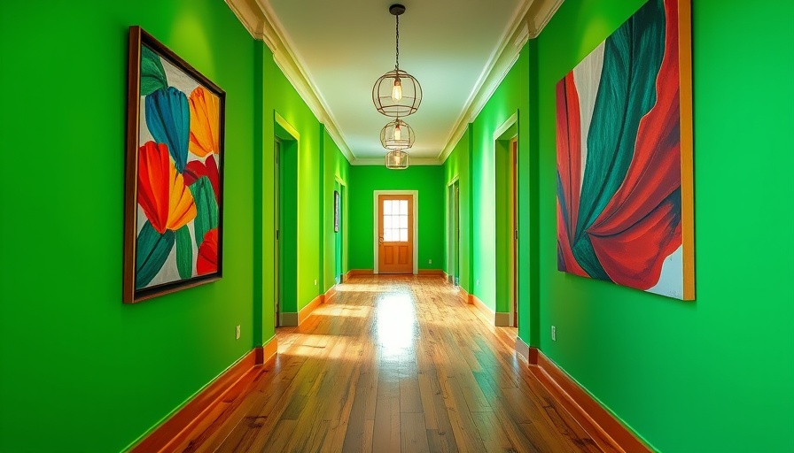 Colorful hallway in Fulham with green walls and abstract art.