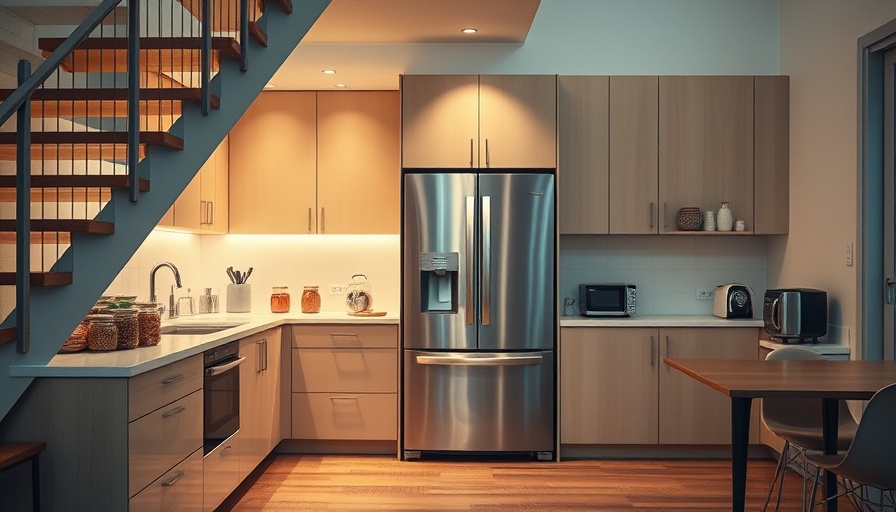 Modern kitchen with stainless steel fridge under stair, penny in your freezer hack.