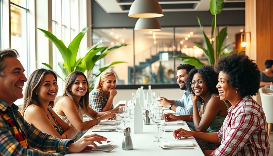 Les Amis app for friendships: vibrant group dining and smiling in a modern venue.