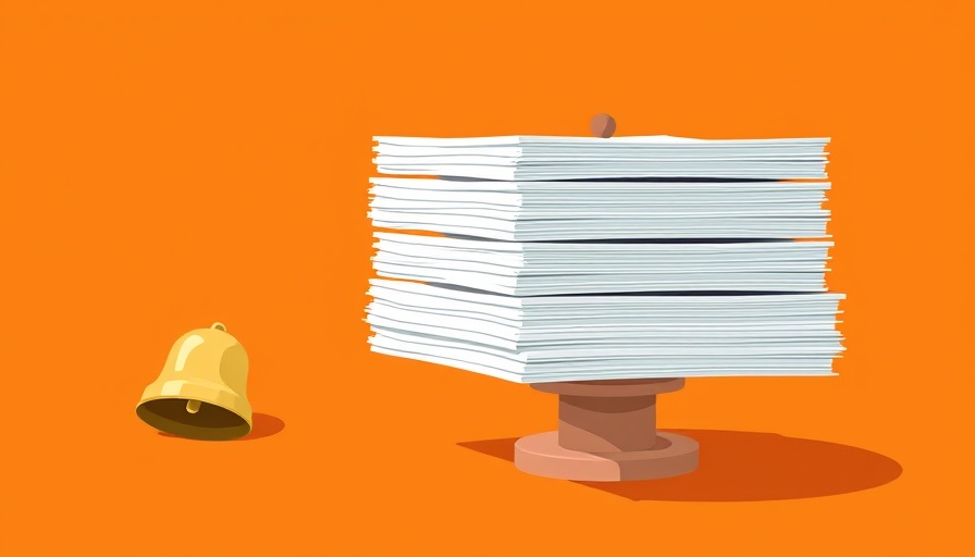 Minimalistic illustration of papers and bell on orange background linked to investment operations trading strategies.