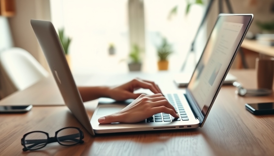 Modern home office setup for optimising efficiency, showing hands on a laptop.