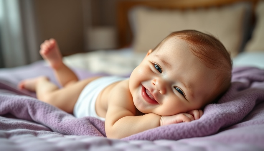 Adorable baby smiling during its first year on a purple blanket.