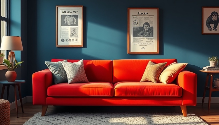 Vibrant red sofa bed in cozy living room with quirky decor.