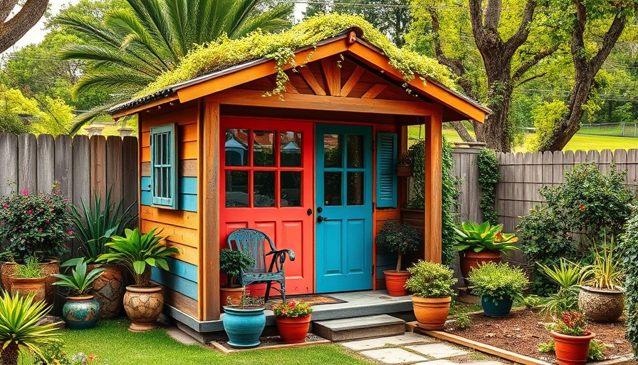 Eclectic garden shed design surrounded by greenery.