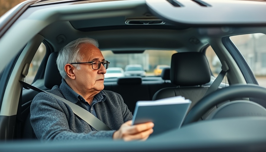 Older driver taking a driving test with examiner, inside car.