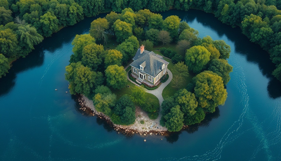 Aerial view of a lush island with house by River Thames for sale.