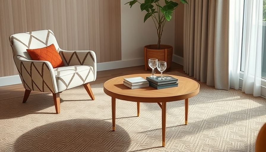 Modern interior with chair and table on patterned carpet