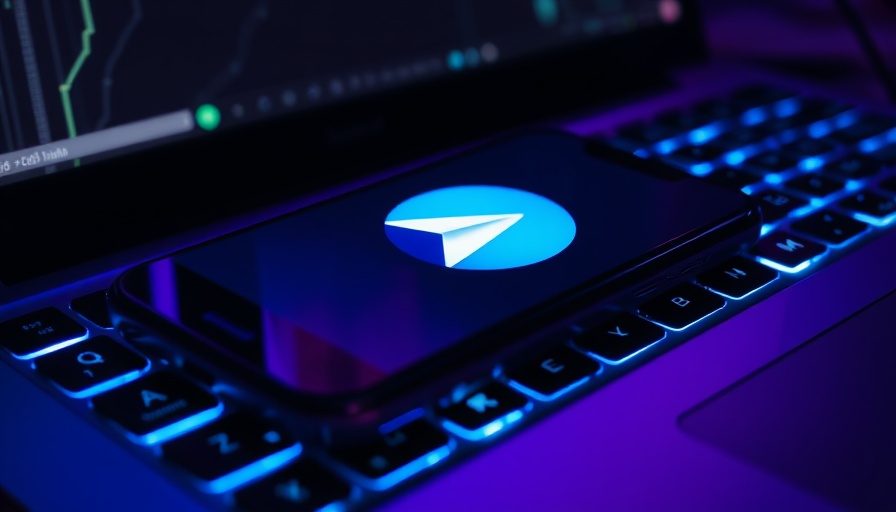 Smartphone with Telegram logo on laptop, blue-purple lighting.