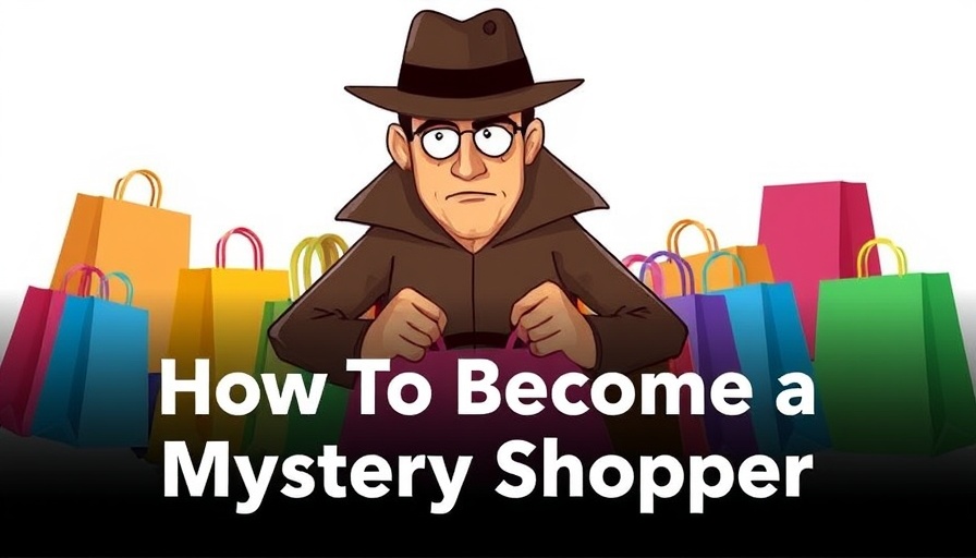 Cartoon mystery shopper with shopping bags, guide to becoming a mystery shopper.