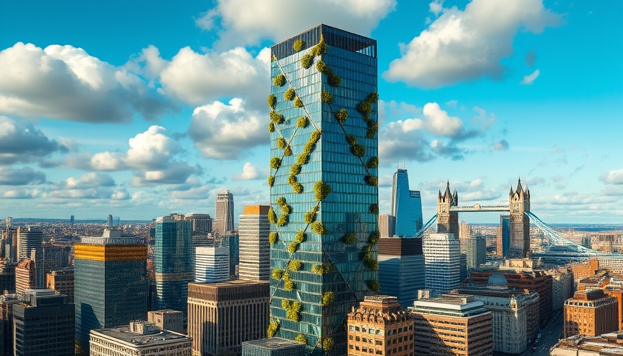 Aerial view of sustainable office development in London's cityscape.