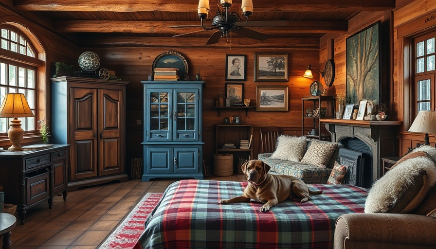 Victorian courthouse renovation showing rustic cozy living room with vintage decor and dog.