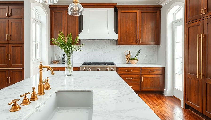 Stylish kitchen with marble counters and brass faucets, ideal for daily cleaning tips.