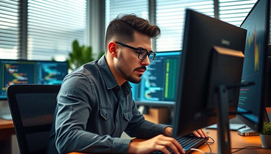Developer analyzing code on multiple monitors in tech workspace.