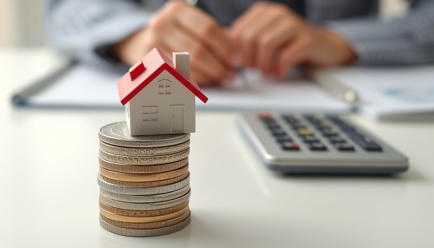 Coins stacked with a percentage sign and house, financial concept.