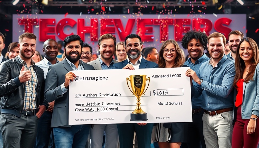 Entrepreneurs celebrating at tech event with check and trophy, 2025 Startup Battlefield 200 list.