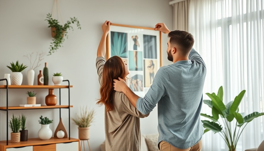 Young couple upgrading living room decor with art and plants