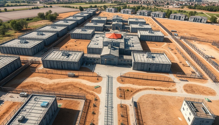 Modern prison complex with security features in open landscape.