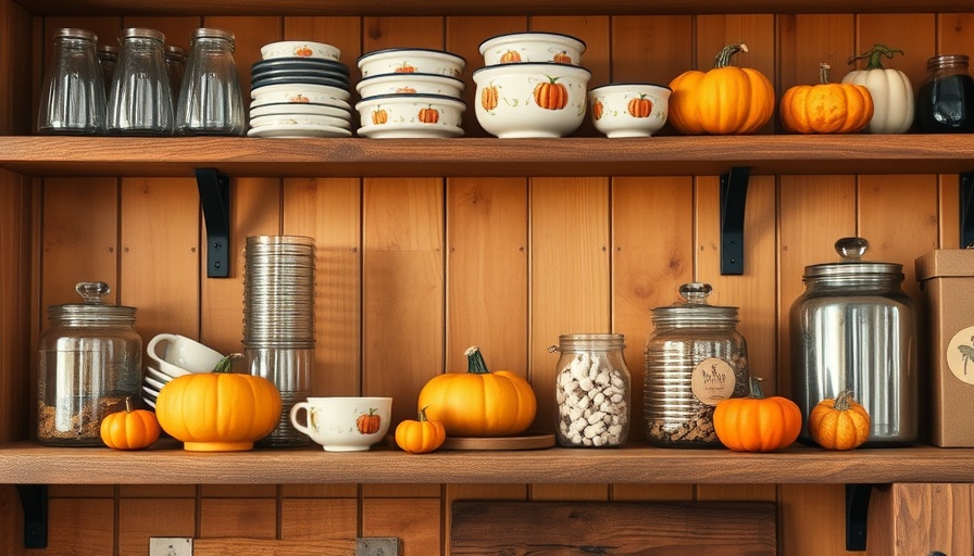 Cozy autumn kitchen shelf with pumpkin decor, showcasing rustic autumn-themed decorations for 2025.