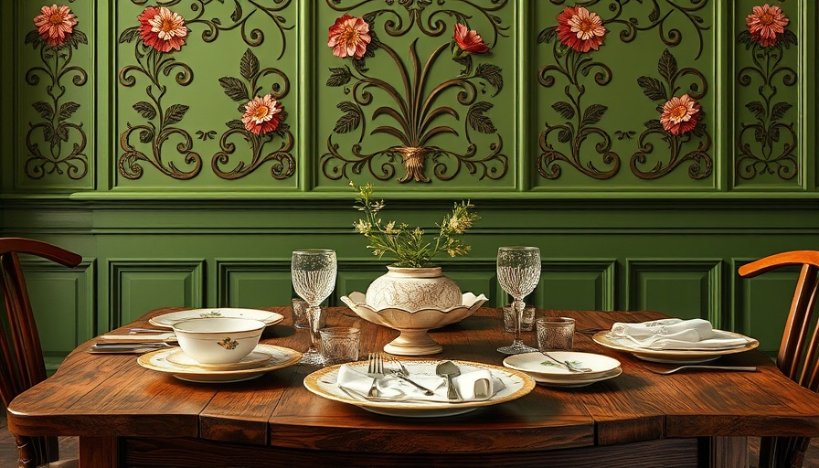 Ornate Nutmeg Dark Orchid tableware in green dining room.