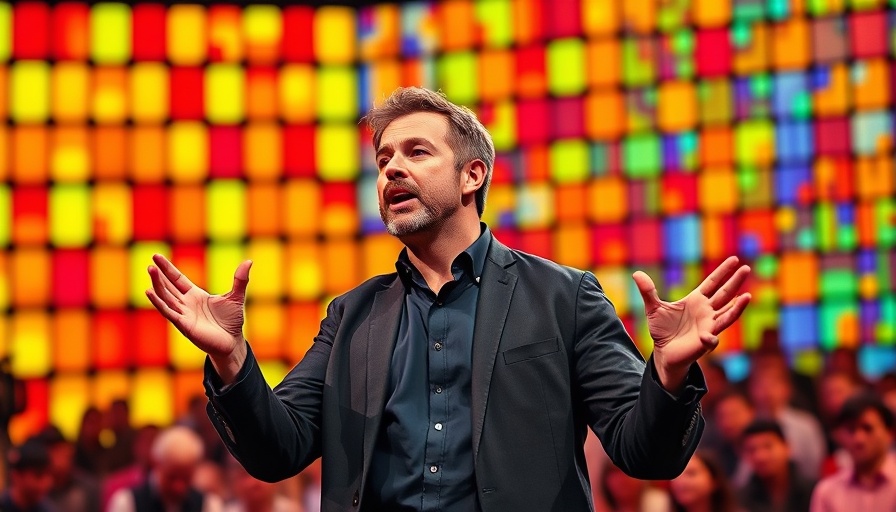 Confident speaker gesturing on colorful stage, Deel lawsuit win.
