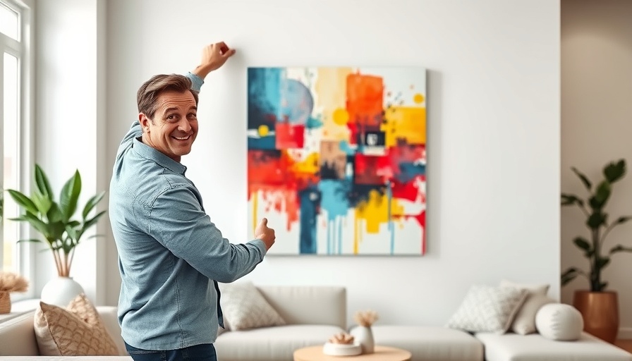 Person mounting colorful canvas print in modern living room, home improvement.