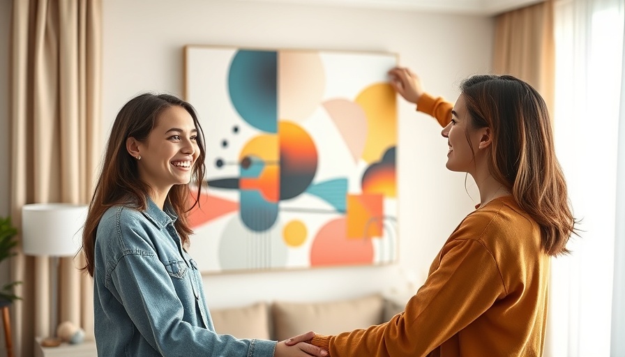 Young woman hanging colorful geometric canvas print for home decor.