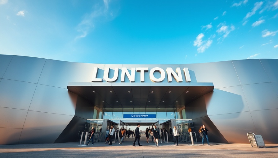 Luton Airport entrance sign with travelers, modern facade.