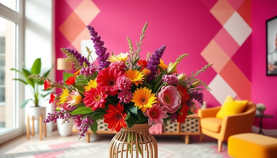 Colorful interior with floral decor, pink geometric walls.