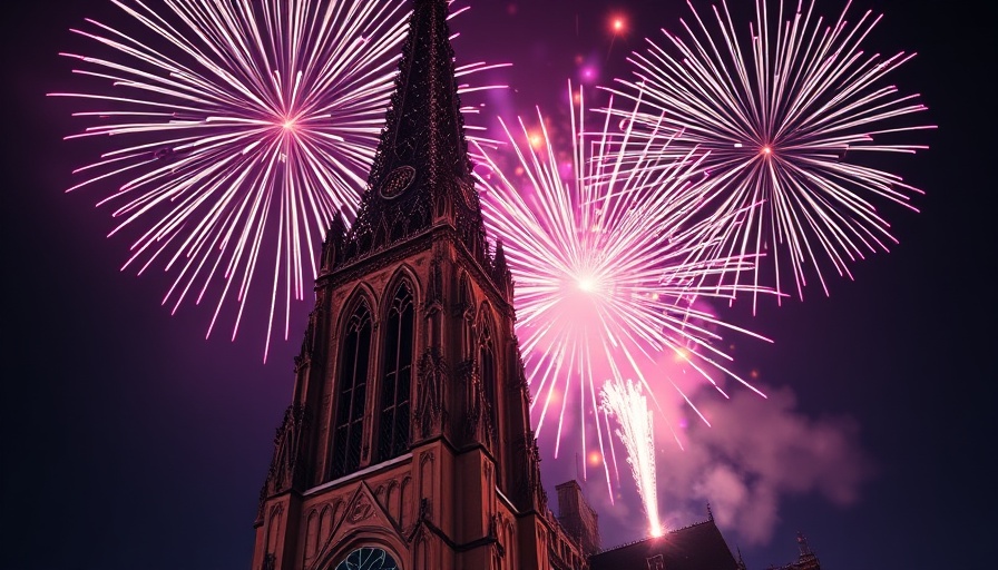 Blackheath Fireworks light up night sky behind church.