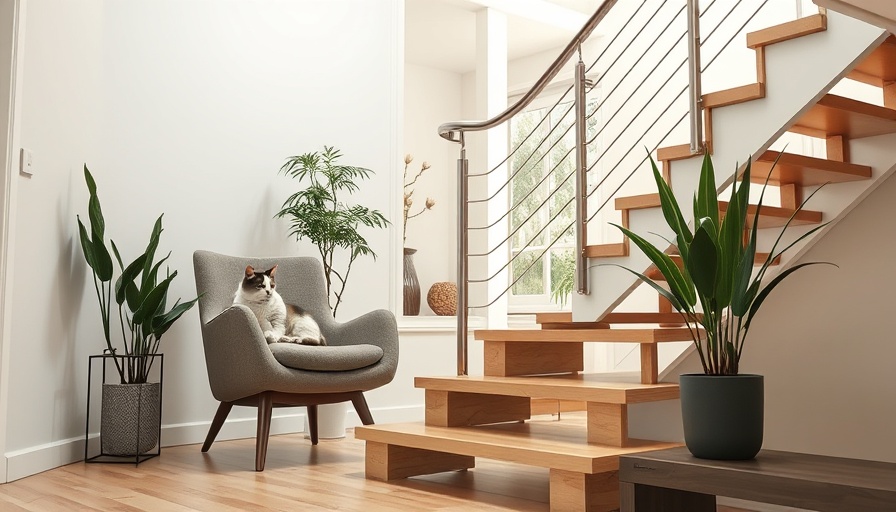 Modern staircase renovation with cat and plant in a cozy space.