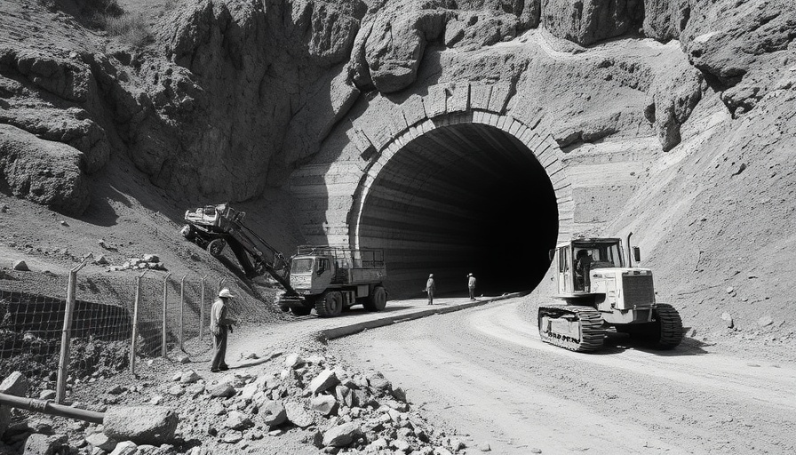 Monochrome scene of workers and machinery at a construction site for a £3bn tunnelling deal.
