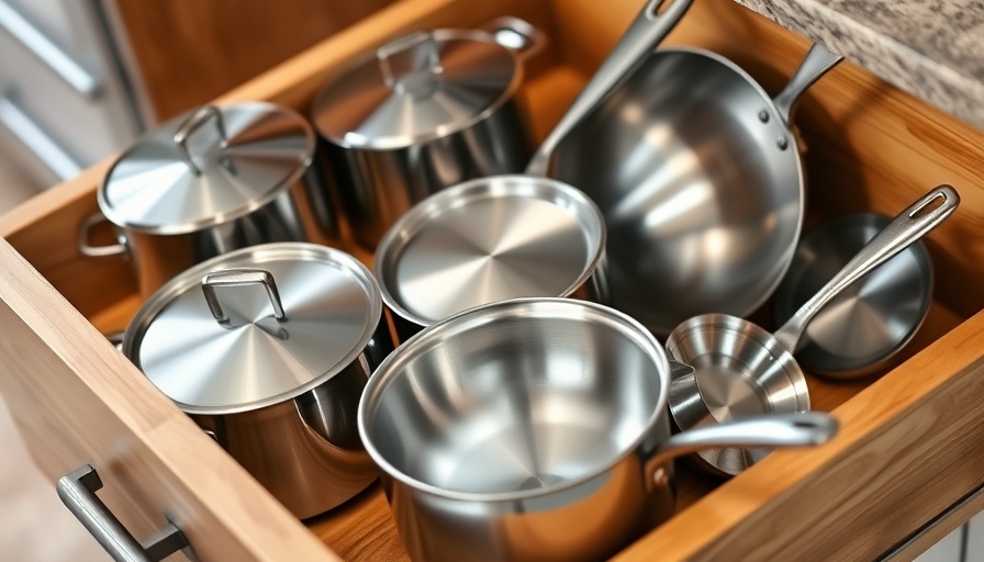 Sleek stainless steel cookware set in a wooden kitchen drawer.