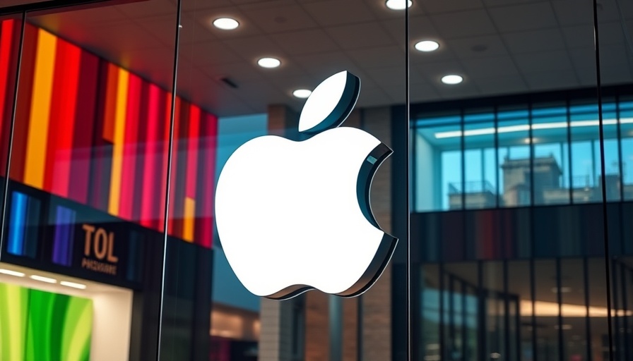 Illuminated Apple logo on glass window, colorful background.