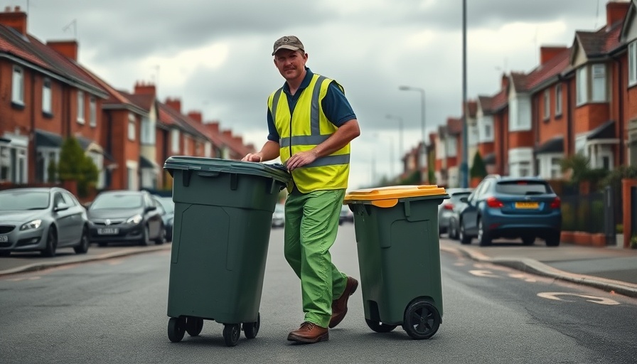 Sanitation worker managing bins on residential street; Brent and Harrow bin collection.