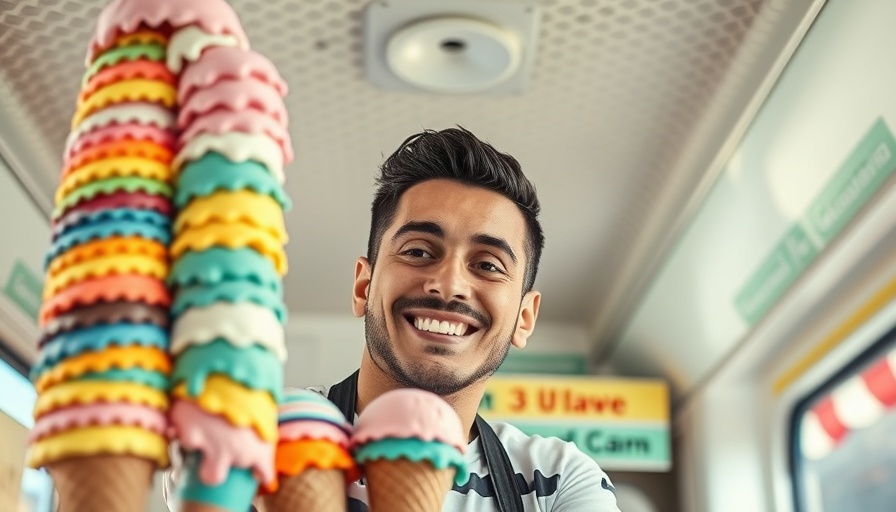 Cheerful ice cream seller smiling in colorful cone display.