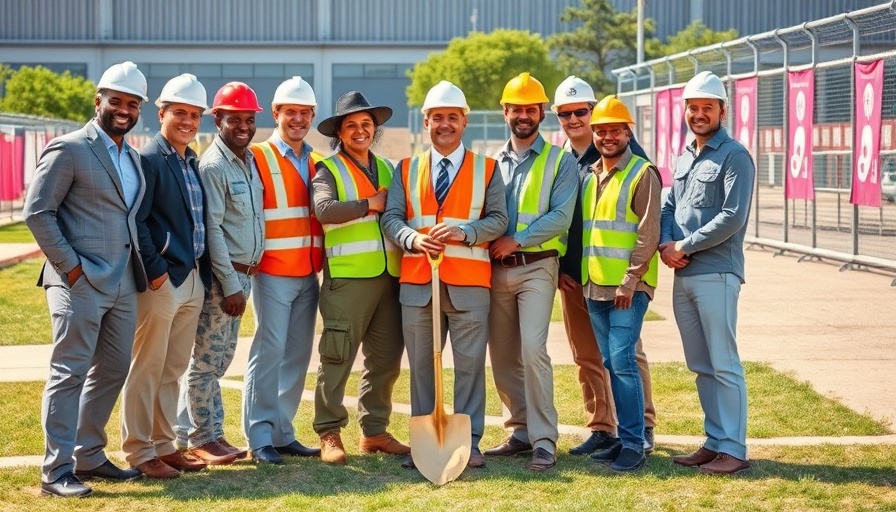 Diverse team at military accommodation construction site.