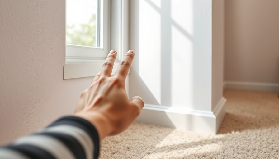 Close-up of a hand inspecting wall crack near window for home care.
