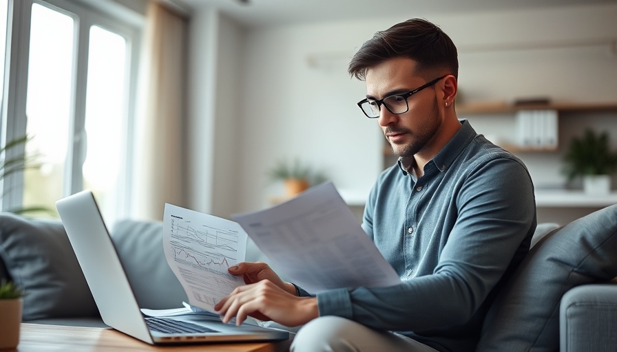 Manage your first rental property: Man working with documents and laptop.
