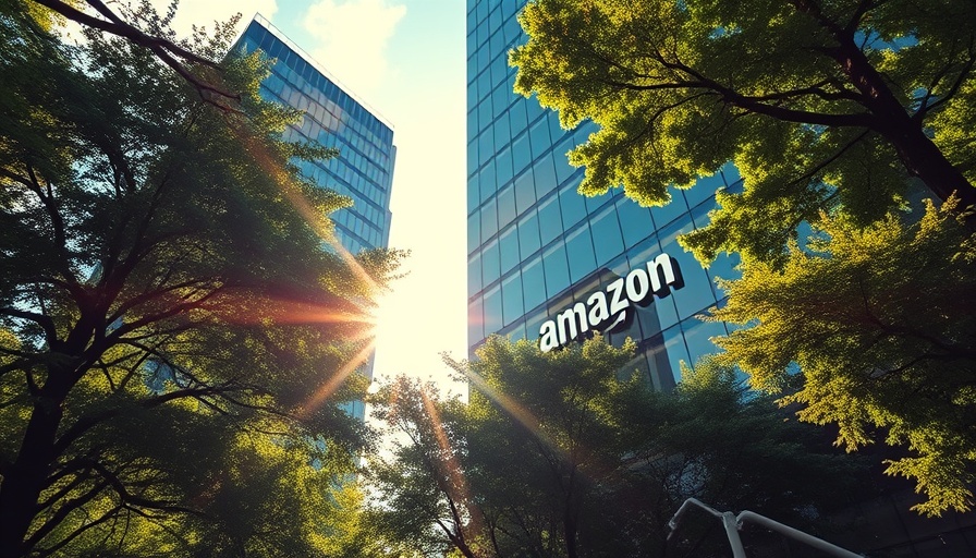 Amazon logo on glass building amid trees, sunbeam highlighting reverse acquihire strategy.