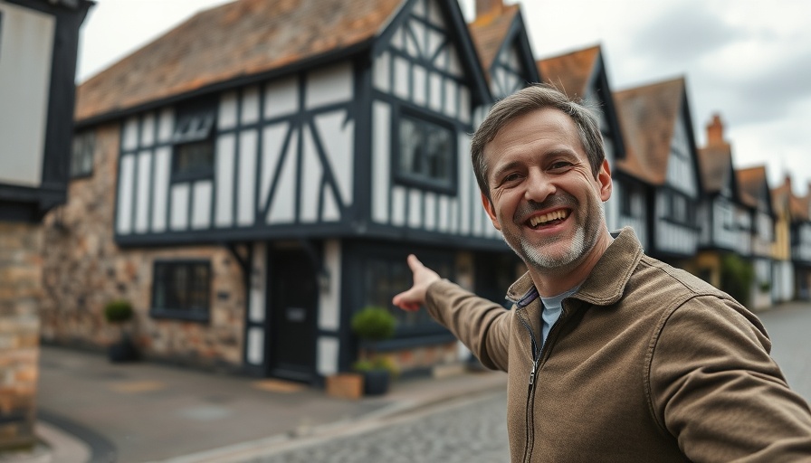 Cheerful man in front of black and white building, traditional English setting.